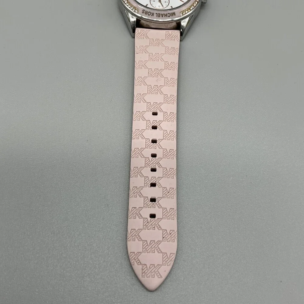 Michael Kors Womens Watch 40mm Silver Tone Pink Crystals Day Date Silicone Band